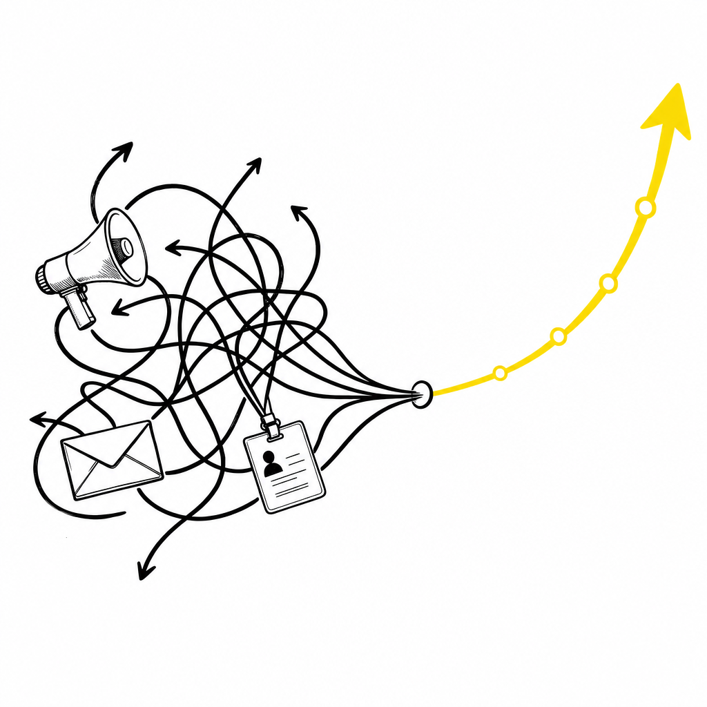 Scattered marketing channels resolving into one compounding growth curve