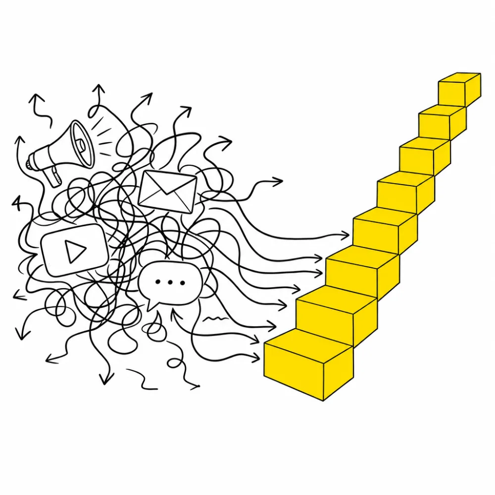 A tangle of scattered, disconnected tactics on the left resolving into one structured, ascending framework on the right